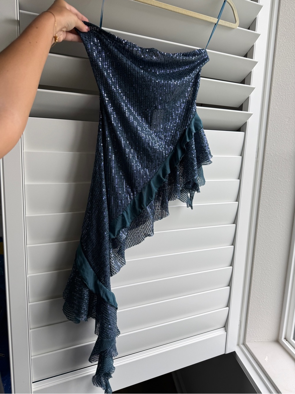 Free People Asymmetric Sequin Ruffle Top in Dark Teal